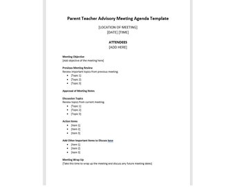 Peut inclure: Un modèle d'ordre du jour de réunion consultative parents-enseignants avec des sections pour l'objectif de la réunion, la revue de la réunion précédente, l'approbation des notes de la réunion, les sujets de discussion, les points d'action, l'ajout d'autres points importants à discuter et la conclusion de la réunion.