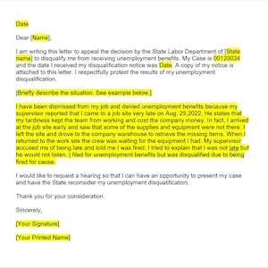 Carta de apelación para la descalificación por desempleo, Carta de apelación para la plantilla de descalificación por desempleo, Carta de Word, Plantilla