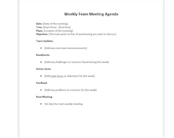 Plantilla de agenda para reunión semanal de equipo, agenda de reunión semanal de equipo, agenda de reunión en Word, agenda de reunión, agenda, plantilla de Word, plantilla de agenda