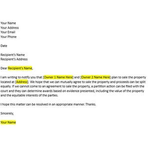 Intención de venta de propiedad editable para varios propietarios, intención de venta de propiedad, carta de venta de propiedad, carta simple, plantilla de Word
