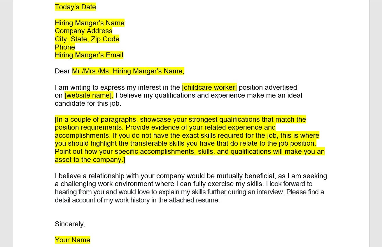 cover letter example for child care worker