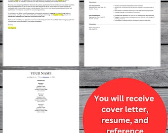 May include: A collection of resume templates, including a cover letter, resume, and reference template. The documents are displayed on a wooden surface. The text "You will receive cover letter, resume, and reference templates" is on a red circle.