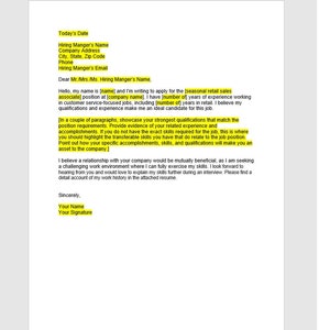 Carta de asociado de temporada minorista editable, plantilla de carta de presentación, carta de presentación editable, plantilla de carta de presentación, plantilla de Word, carta simple