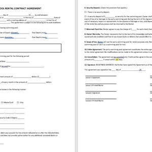 Acuerdo de contrato de alquiler de piscina editable, plantilla de contrato de alquiler de piscina, contrato de alquiler de piscina, contrato de alquiler de piscina