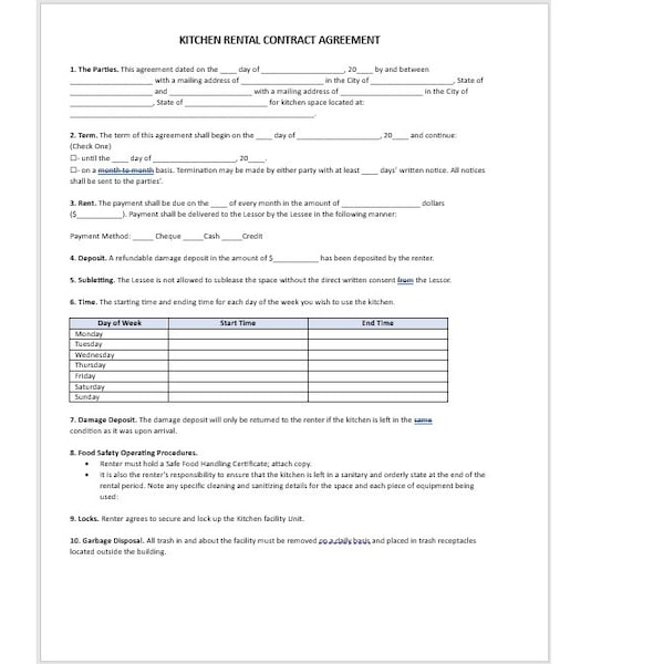 Kitchen Rental Agreement, Kitchen Rental Rental Agreement Template, Kitchen Rental, Rental Agreement, Word Template, Simple Template