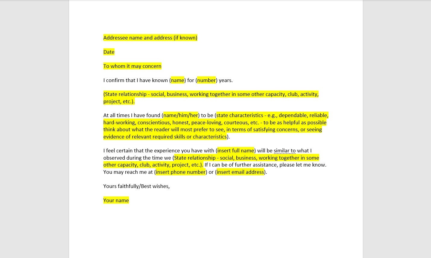 Character Reference Letter Template Word Doc