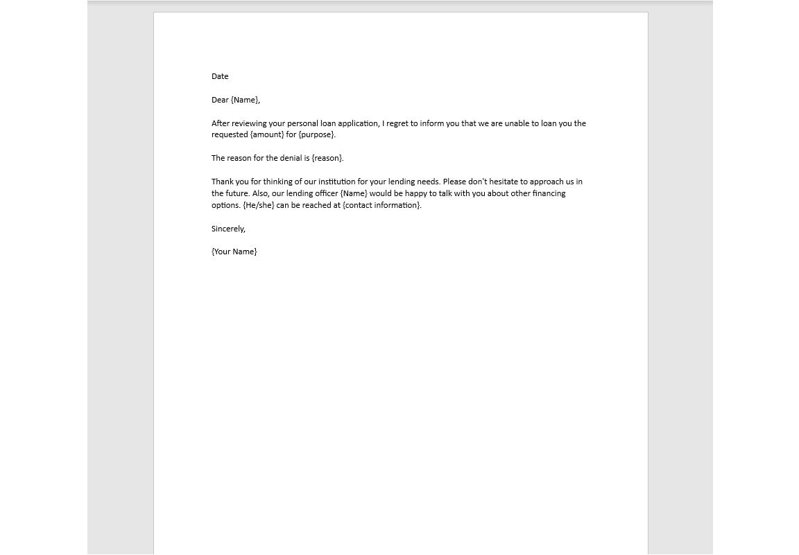 Editable Personal Loan Rejection Letter, Personal Loan Rejection Letter ...
