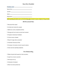 Puede incluir: Una lista de verificación para nuevos empleados, con secciones para archivos de personal de RR. HH. y pre-integración. La lista de verificación incluye elementos como la creación de archivos personales, verificaciones de antecedentes, pruebas de drogas y orientación.
