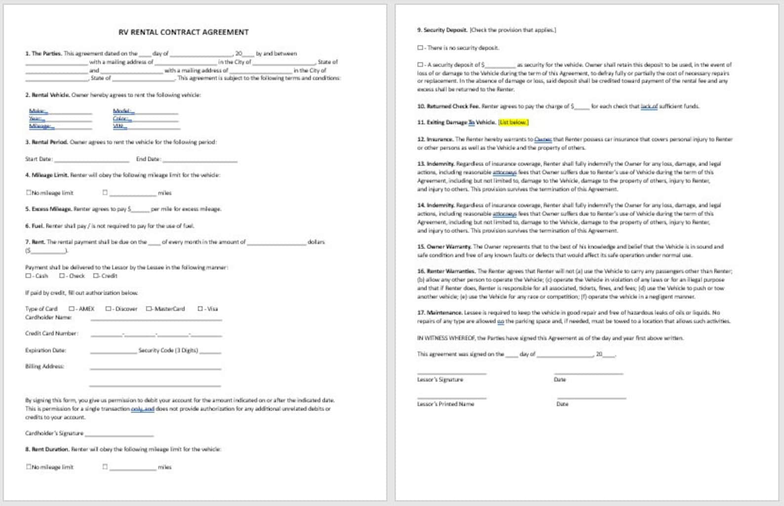 RV Rental Contract Agreement, Rv Rental Contract Template, Rv Rental