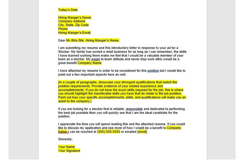 Warehouse Stocker Cover Letter, Cover Letter Template, Editable Cover