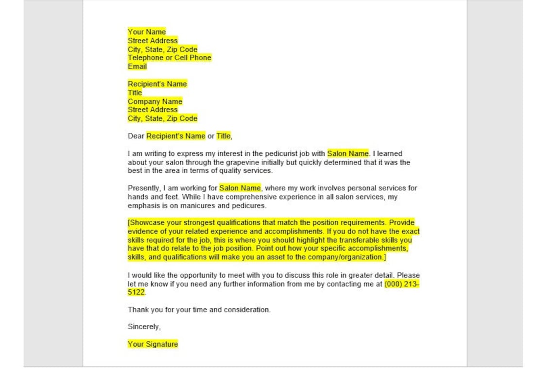 Pedicurist Cover Letter Cover Letter Template Editable Cover Etsy