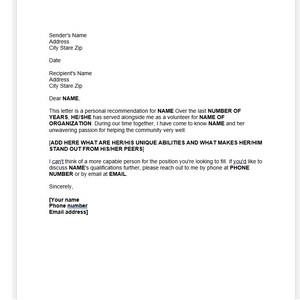 Plantilla de carta de recomendación de servicio comunitario, carta de recomendación de servicio comunitario, plantilla de recomendación de servicio comunitario