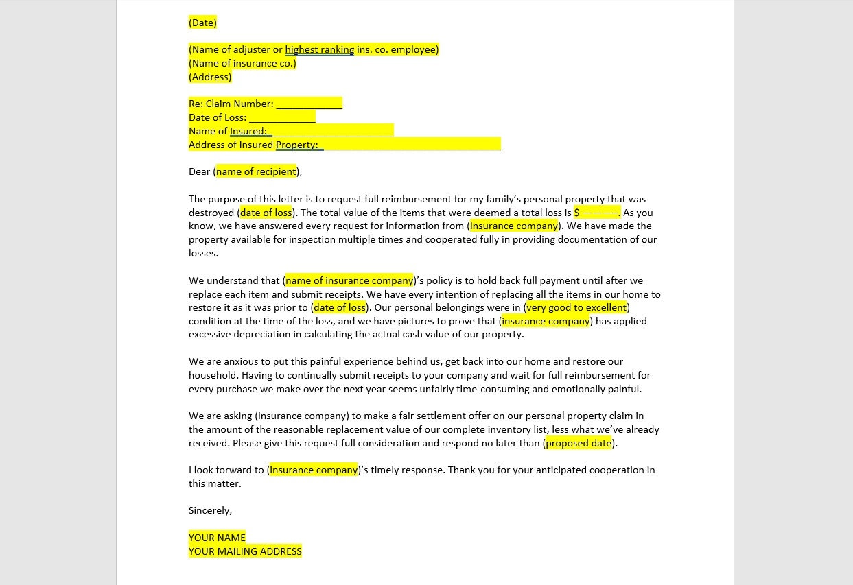 Personal Property Claim Settlement Letter Template, Personal Property Claim Settlement Letter