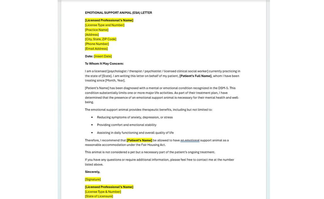 Editable Emotional Support Animal (ESA) Letter, Emotional Support ...