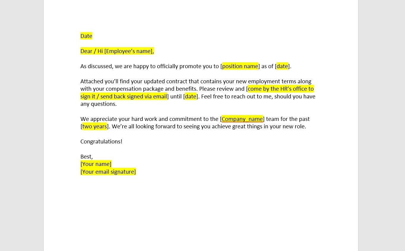 Internal Promotion Offer Letter, Internal Promotion Offer Letter