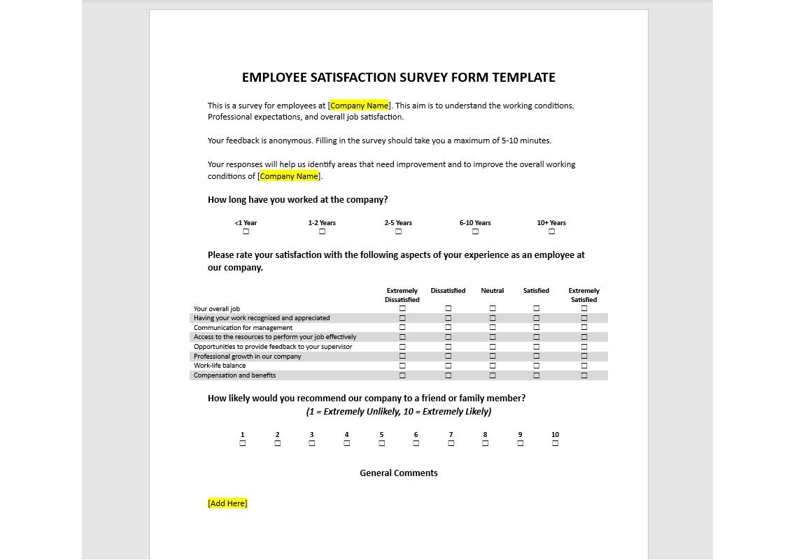 Editable Employee Satisfaction Survey, Employee Satisfaction Feedback ...