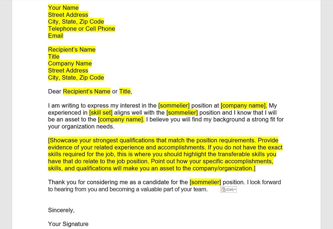 Sommelier Cover Letter, Cover Letter Template, Editable Cover Letter ...