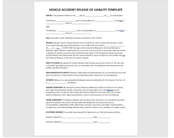 Editable Release of Car Accident Liability, Release of Liability Template, Liability Release, Waiver Form, Word Template, Template
