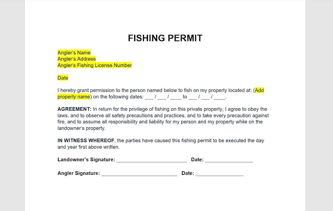 Private Fishing Permit Agreement, Fishing Permit Agreement Template