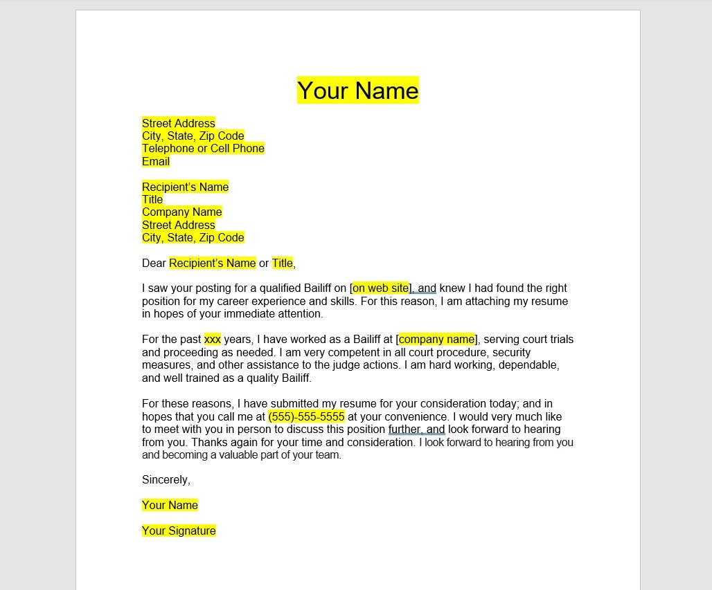 Bailiff Cover Letter, Cover Letter Template, Editable Cover Letter