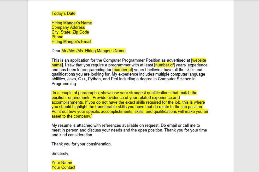 Computer Programmer Cover Letter, Cover Letter Template, Editable Cover ...