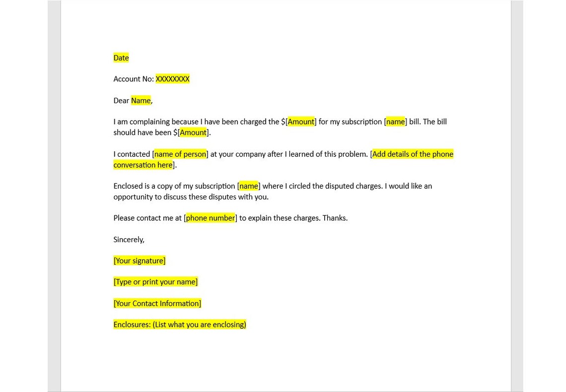 Editable Subscription Dispute Letter Template, Subscription Dispute ...