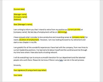 Retirement Resignation Letter, Resignation Letter, Resignation Template, Resignation Letter Template, Word Template, Simple Letter