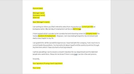 Retirement Resignation Letter, Resignation Letter, Resignation Template, Resignation Letter Template, Word Template, Simple Letter