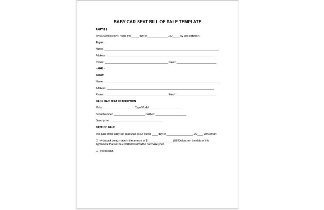 Editable Baby Car Seat Bill of Sale Template, Editable Bill of Sale