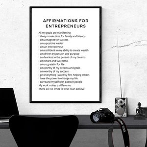 May include: Black and white printable poster with the text "Affirmations for Entrepreneurs" and a list of positive affirmations for entrepreneurs.