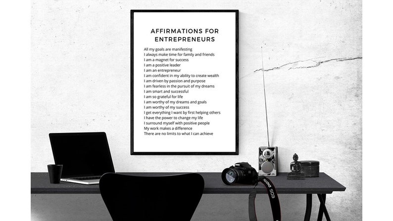 May include: Black and white printable poster with the text "Affirmations for Entrepreneurs" and a list of positive affirmations for entrepreneurs.