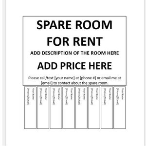 Editable Spare Room For Rent Tear-off Flyer, Tear-off Flyer Template, Spare Room For Rent Advertisement, Advertisement Flyer, Flyer Template