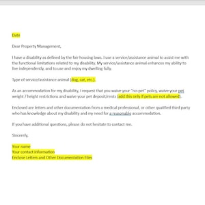 Modelo de carta editável para animal de companhia, solicitação de carta de animal de apoio emocional, carta de solicitação editável, carta simples, carta de palavra