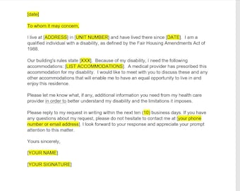 Carta para solicitar una adaptación razonable, Carta para solicitar una adaptación razonable, Carta simple, Plantilla de Word