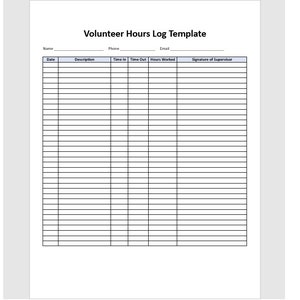 Volunteer Stunden Log Vorlage, Stunden Log, Stunden Log Vorlage, Volunteer Stunden Log, Einfache Vorlage, Word Vorlage