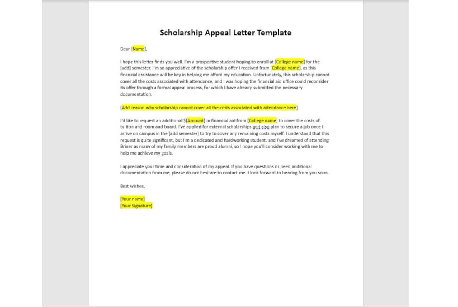 Editable Scholarship Appeal Letter Template, Scholarship Appeal Letter ...