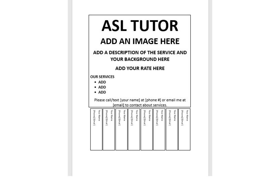 Editable ASL Tutor Service Tear-off Flyer, Tear-off Flyer Template, ASL ...