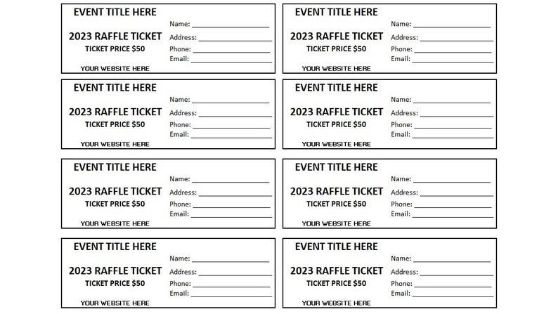 K&ouml;nnte beinhalten: Acht schwarz-wei&szlig;e Tombola-Tickets mit dem Text "EVENT TITLE HERE", "2023 RAFFLE TICKET", "TICKET PRICE 50&euro;", und "YOUR WEBSITE HERE". Jedes Ticket hat leere Felder f&uuml;r Name, Adresse, Telefon und E-Mail.