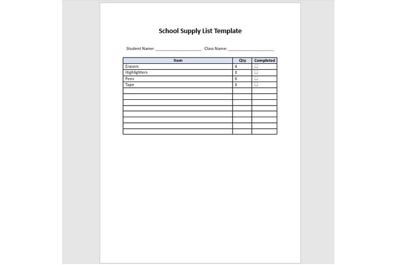 Student School Supply List Template, Student School Supply List Form