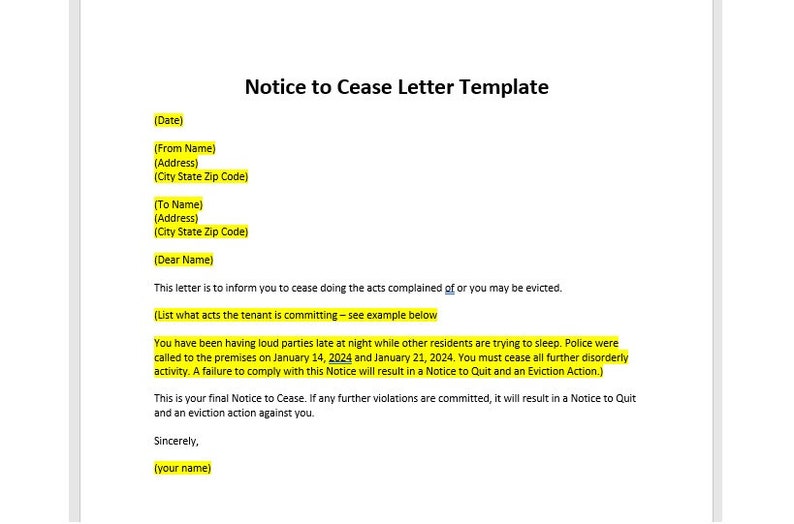 Editable Notice to Cease Letter Template, Notice to Cease Letter, Notice Letter, Letter to ...