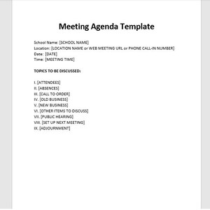 Editable School Meeting Minutes Template, Meeting Agenda, School Meeting Agenda, School Agenda, Word Template, Simple Meeting