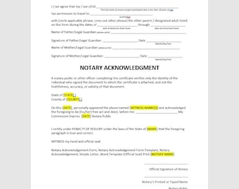Parental Consent Form Template, Parental Consent Form, Permission To Travel Template, Notary Acknowledgement, Simple Letter, Word Template