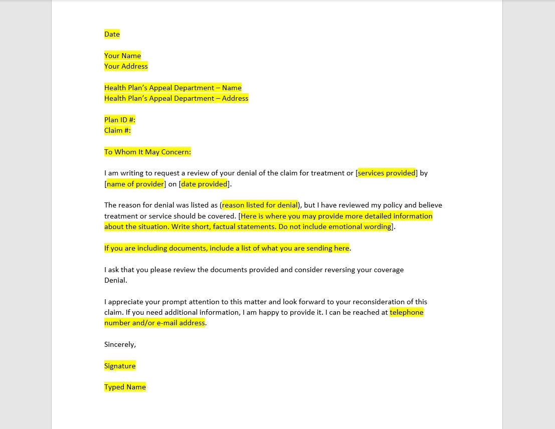 Health Insurance Appeal Letter Template Health Insurance Appeal Letter 