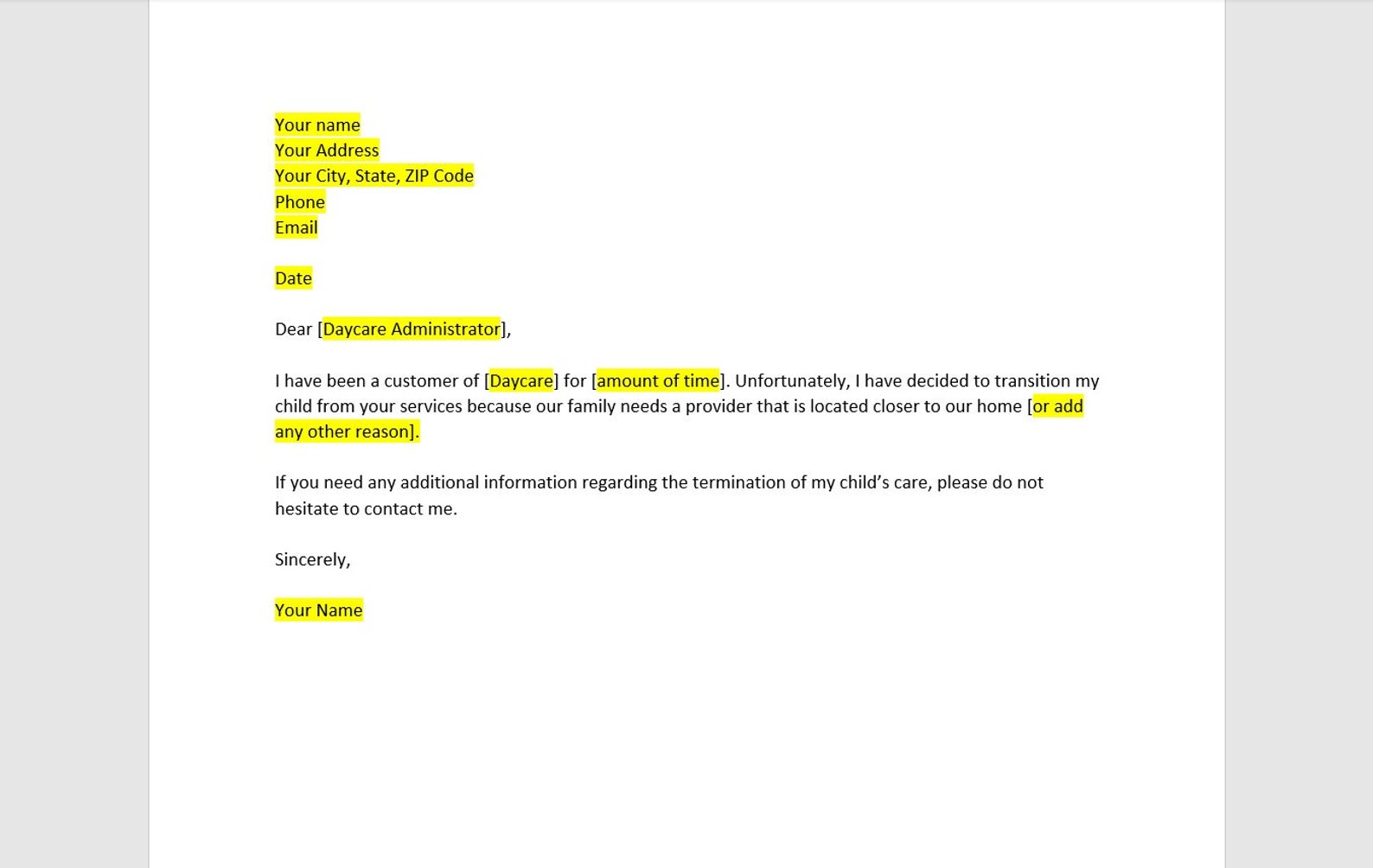 how to write a letter to daycare parents