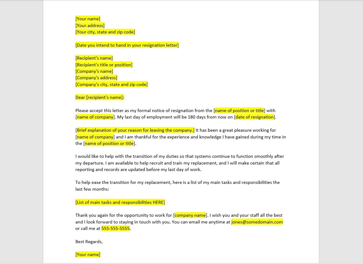 180 Day Resignation Letter Template Resignation Letter