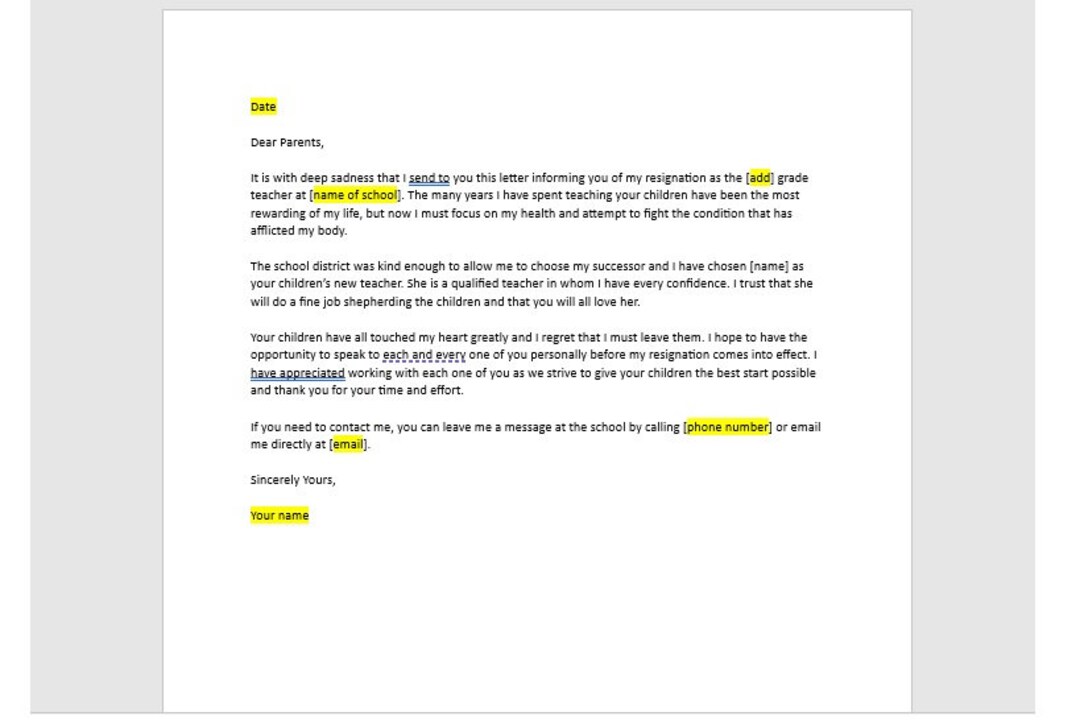 Teacher Resignation Letter To Parents Teacher Resignation Letter 