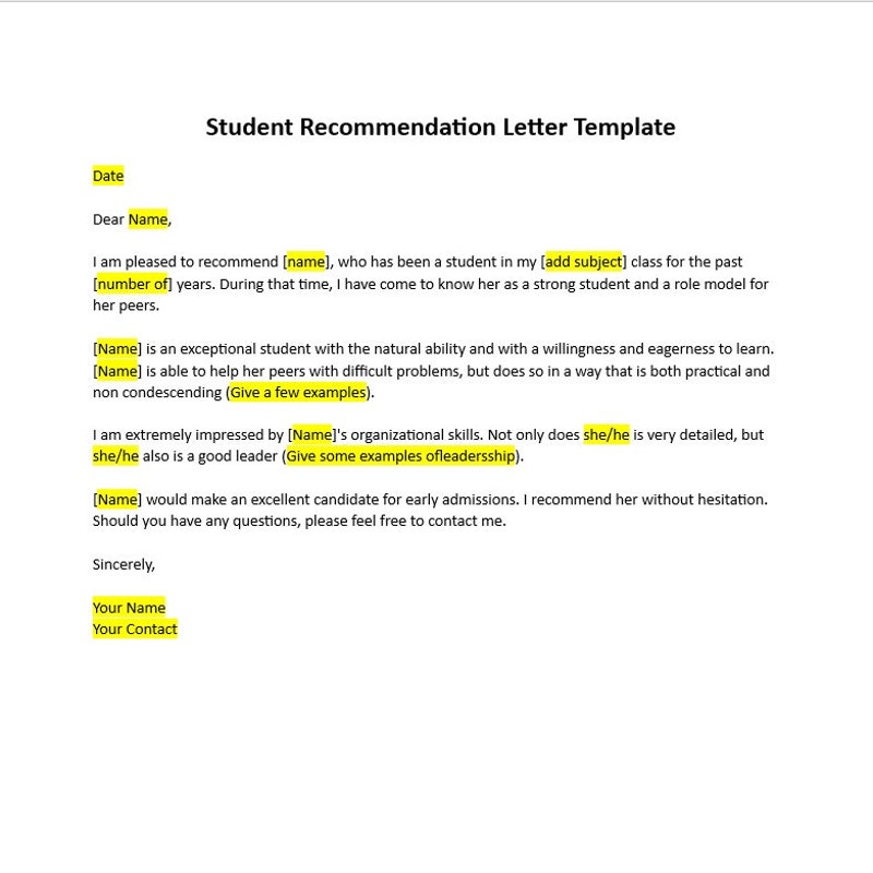 Recommendation Letter Template Etsy