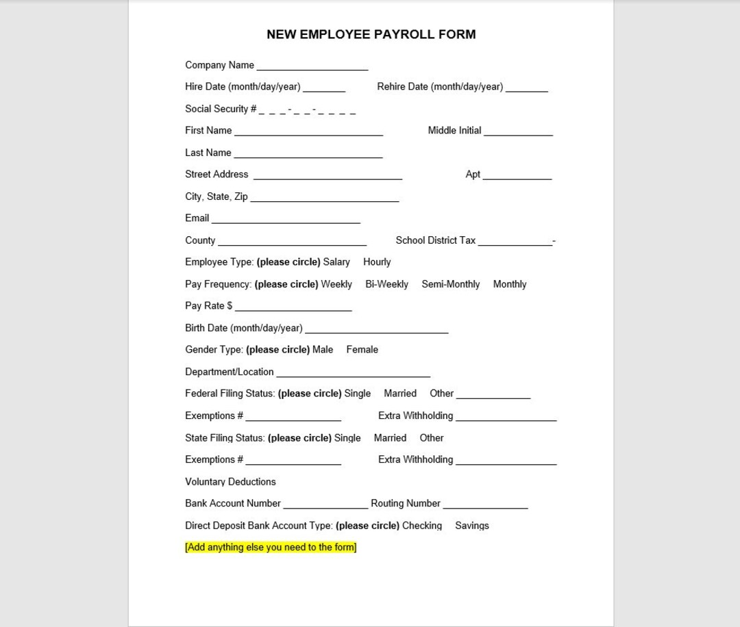 New Employment Payroll Form New Employment Payroll Form Etsy