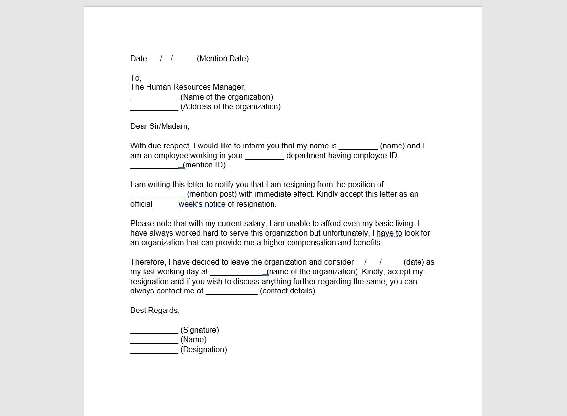 Low Salary Resignation Letter Template Resignation Letter Resignation 