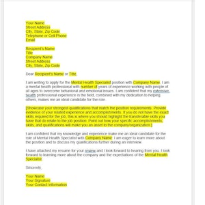 Carta de presentación para especialista en salud mental, plantilla de carta de presentación, carta de presentación editable, plantilla de carta de presentación, plantilla de Word, carta simple